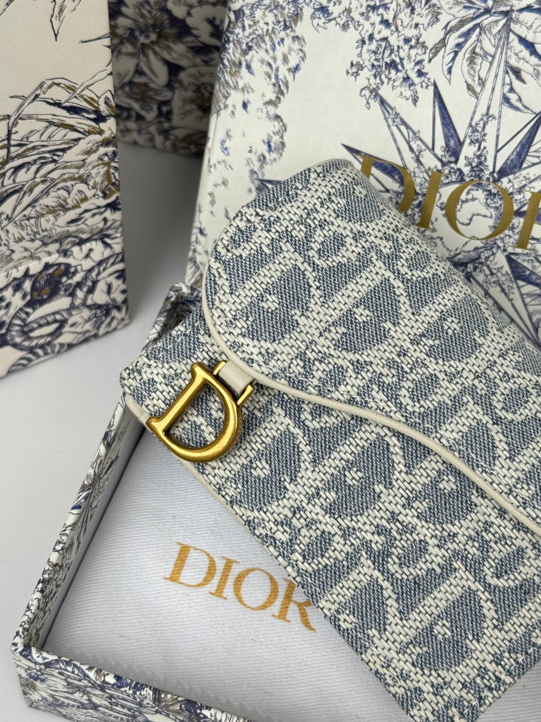 Dior 25S Saddle Jasmine Gusset Card Holder 10 in Light Blue Oblique Jacquard Canvas