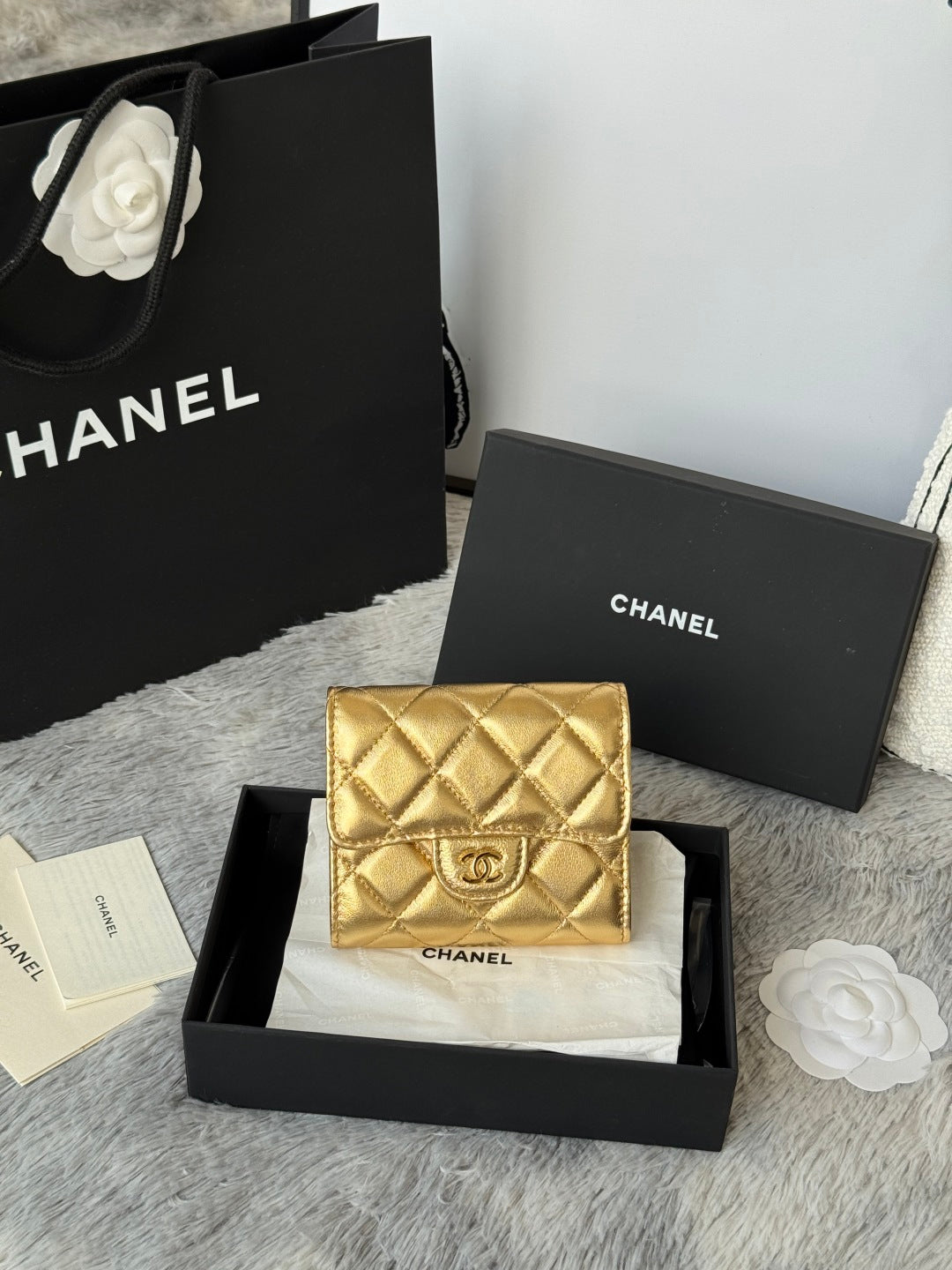 Chanel 25S Cf Small Tri Fold Wallet 11 in Gold Caviar Gold Hardware