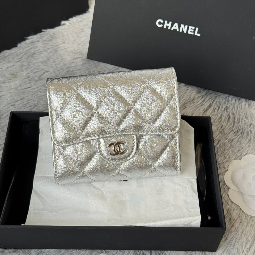Chanel 25S Cf Small Tri Fold Wallet 11 in Silver Caviar Gold Hardware