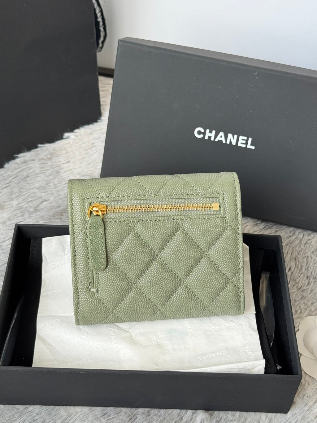 Chanel 25S Cf Small Tri Fold Wallet 11 in Moss Green Caviar Gold Hardware