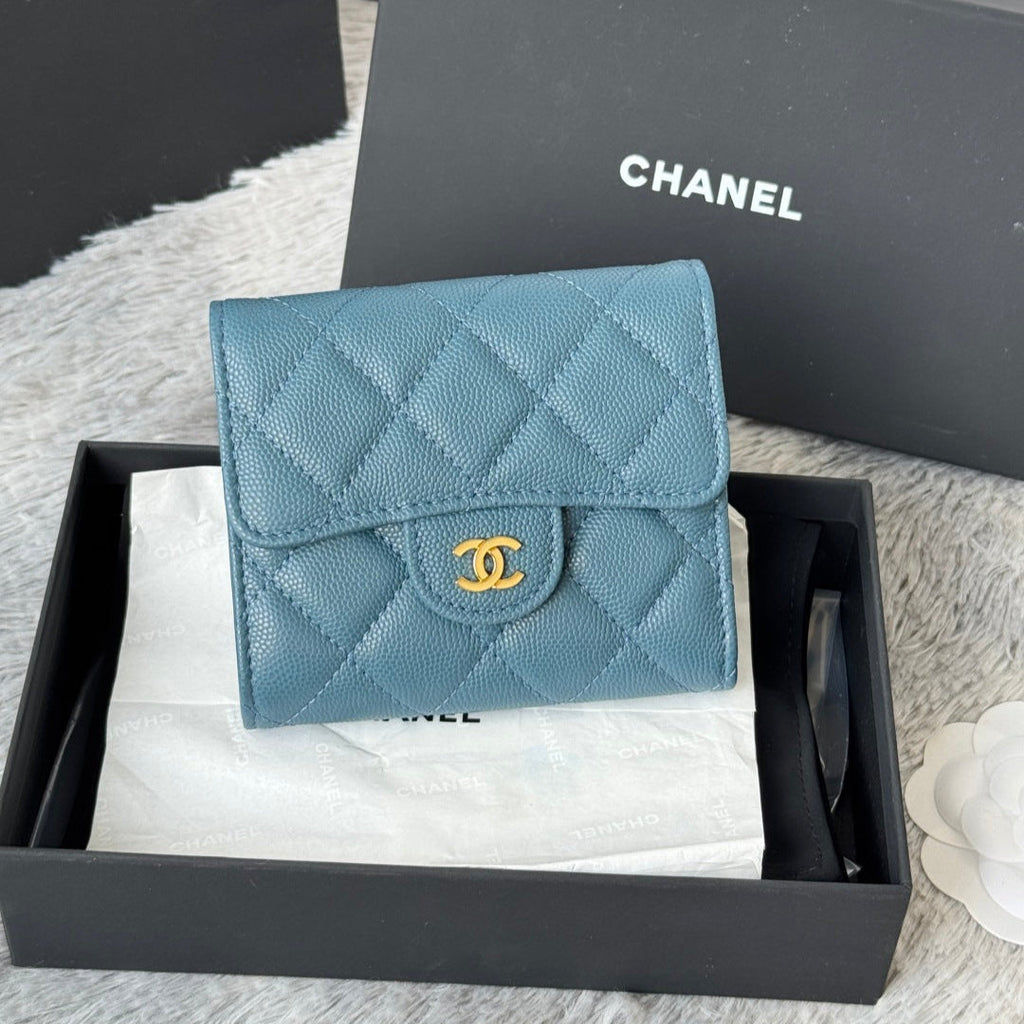 Chanel 25S Cf Small Tri Fold Wallet 11 in Slate Blue Caviar Gold Hardware