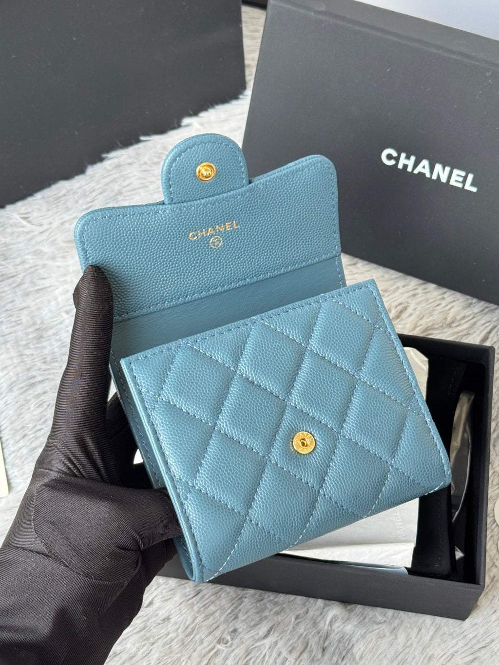 Chanel 25S Cf Small Tri Fold Wallet 11 in Slate Blue Caviar Gold Hardware
