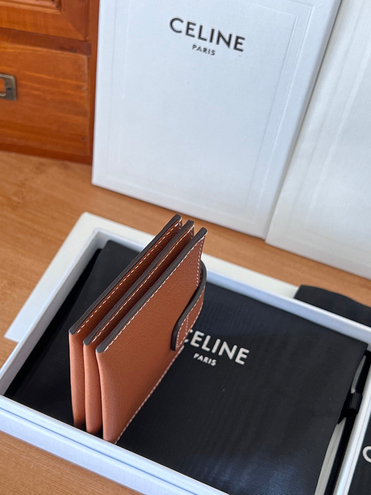 Celine 25S Triomphe Trifold Wallet 11 in Brown Calfskin Gold Hardware
