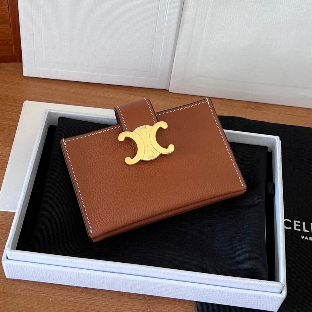 Celine 25S Triomphe Trifold Wallet 11 in Brown Calfskin Gold Hardware