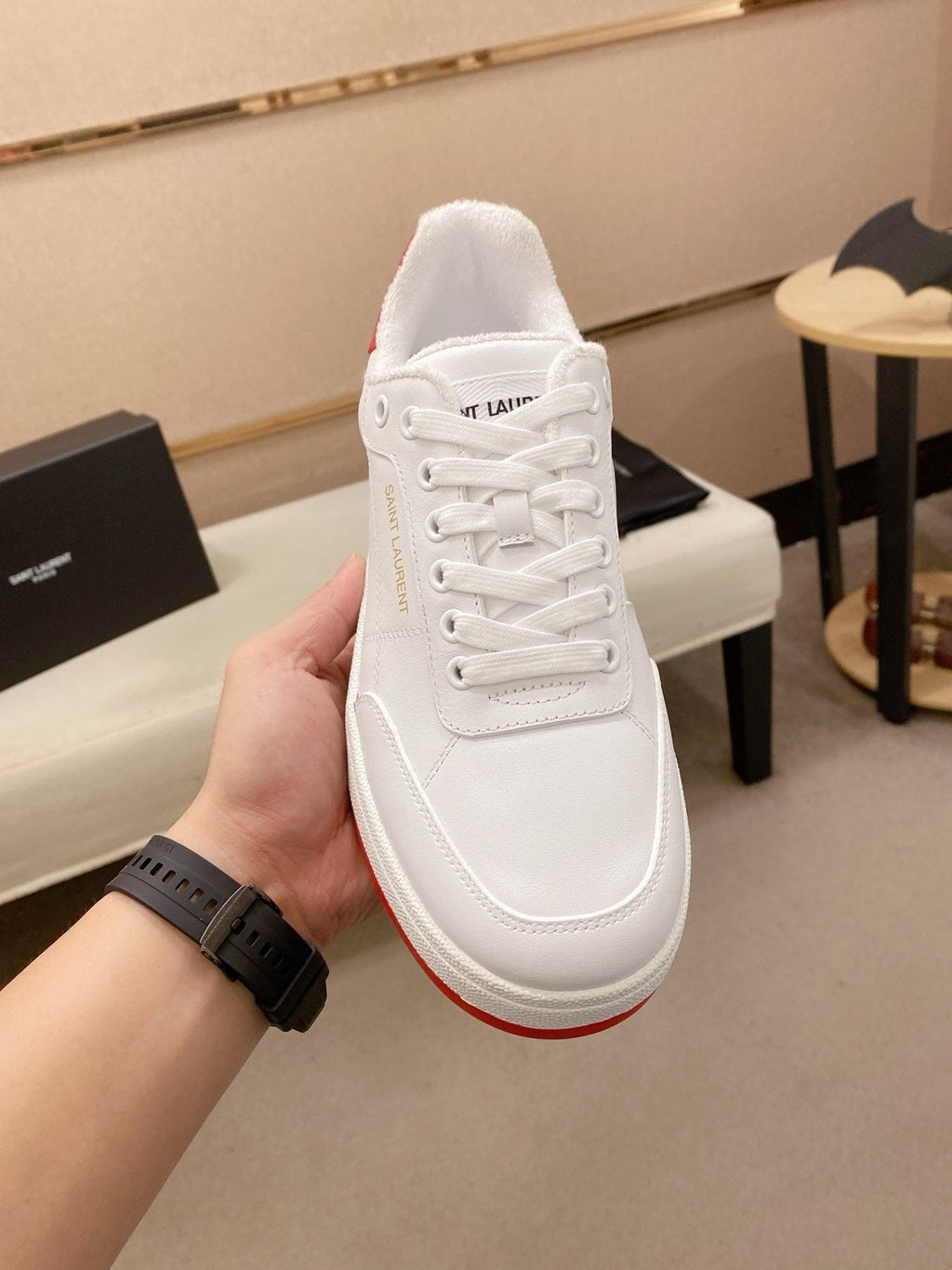 Saint Laurent White Red Perforated Low-Top Sneakers — front