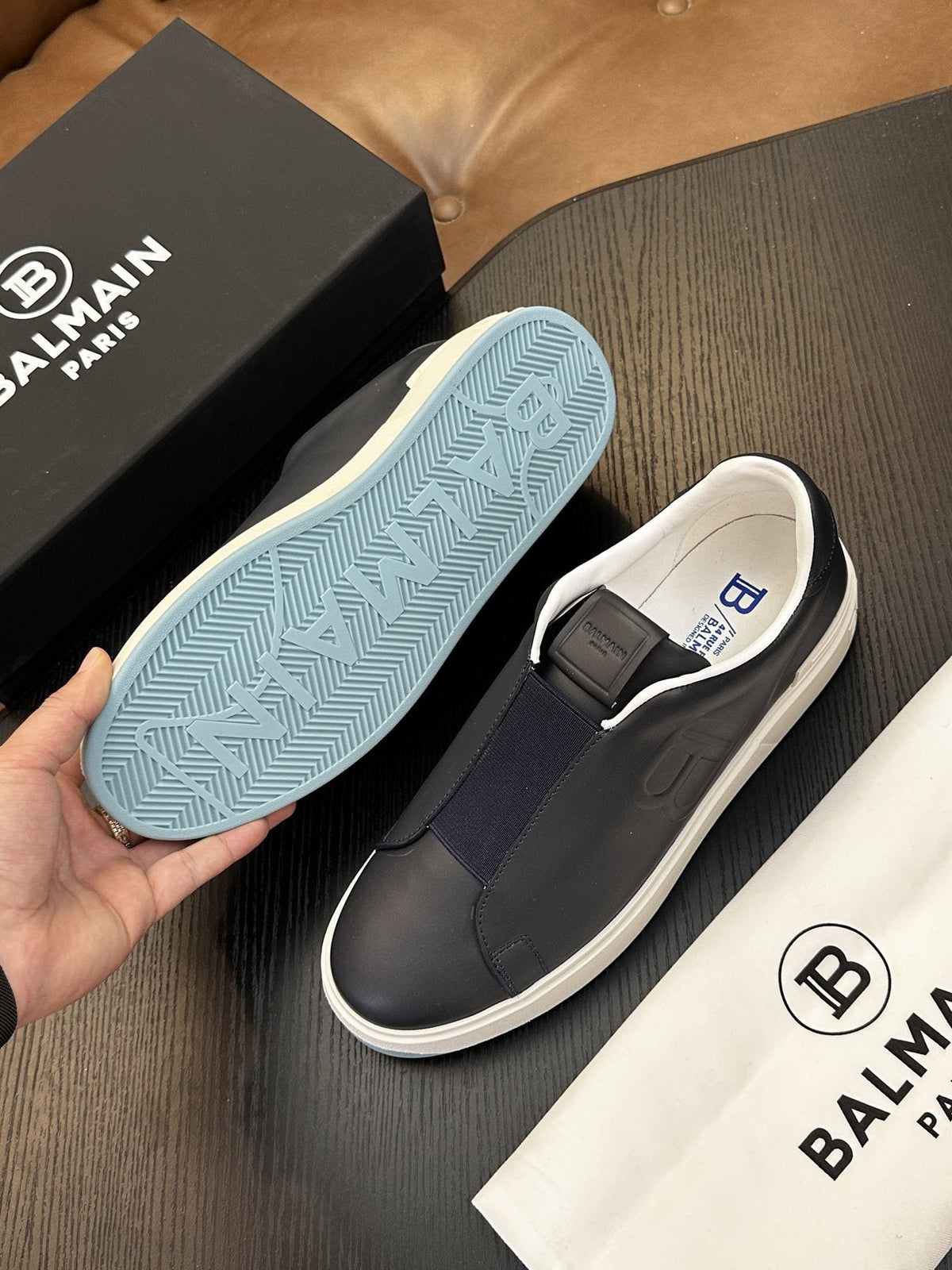 Balmain Navy Elastic Band Slip-On Sneakers — detail