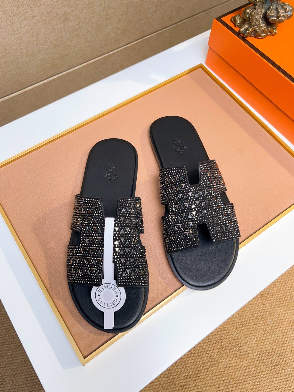 Hermès Black Textured H Slide Sandals — front