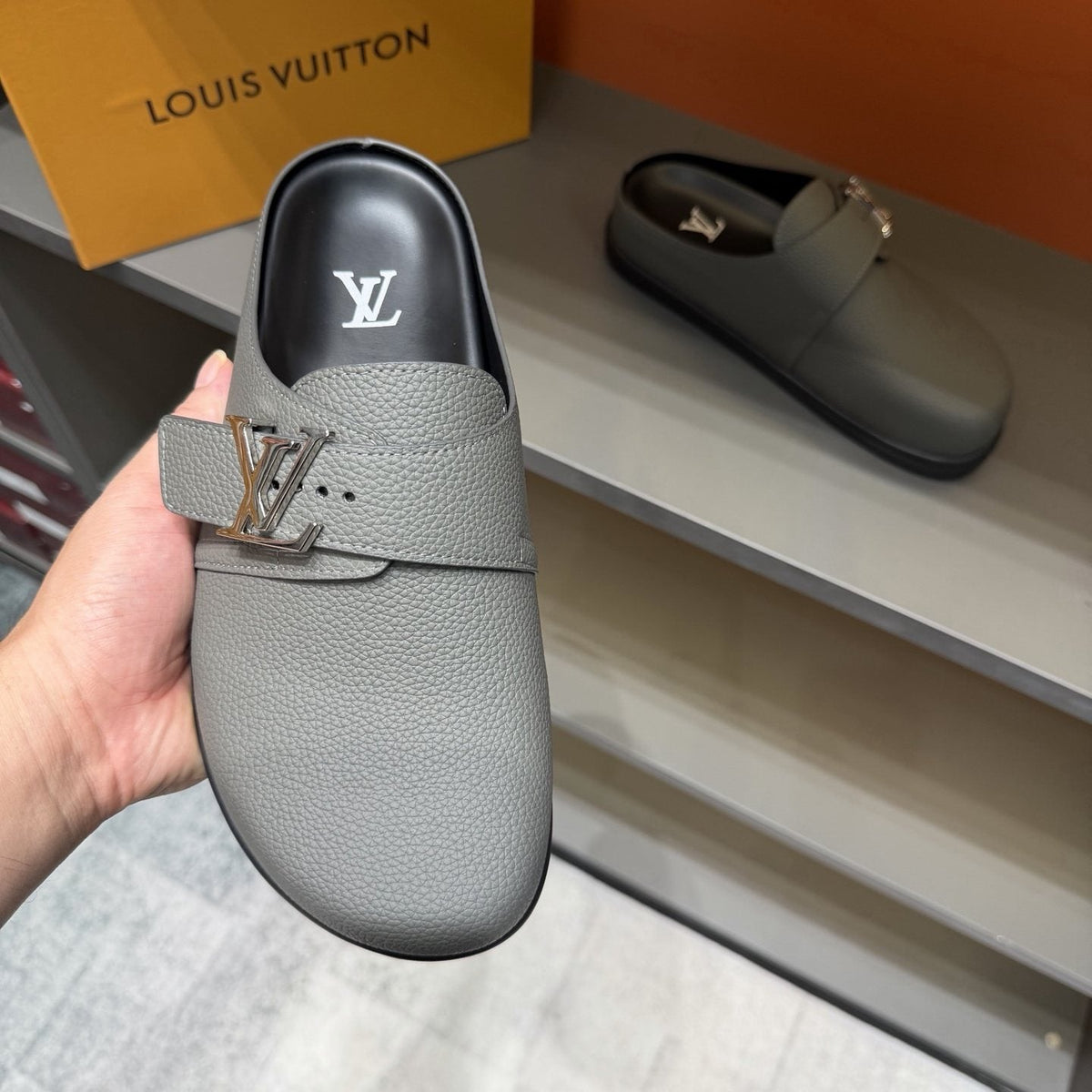 Louis Vuitton Light Gray Monogram Slip-On Sandals — front