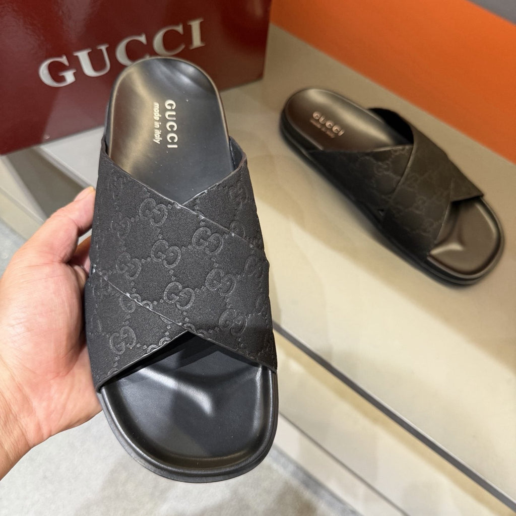 Gucci Black Crisscross Strap Slide Sandals — front