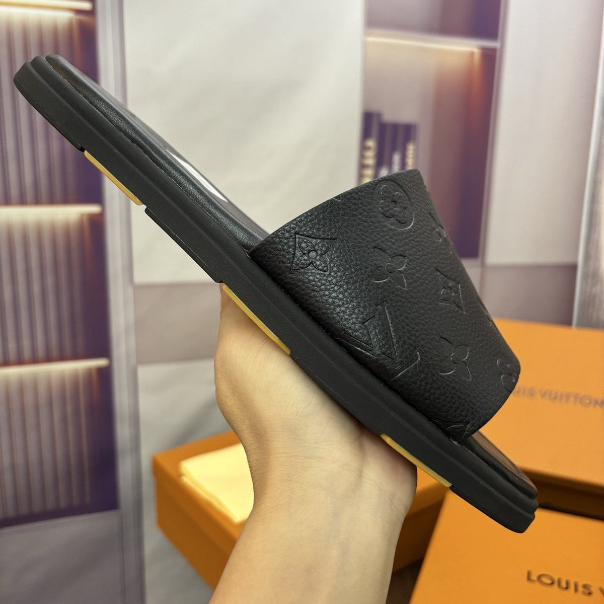 Louis Vuitton Black Embossed Strap Slide Sandals — side