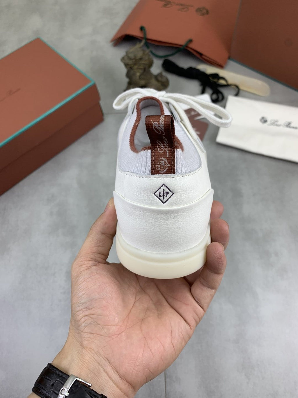 Loro Piana White Knit Leather Sneakers — back