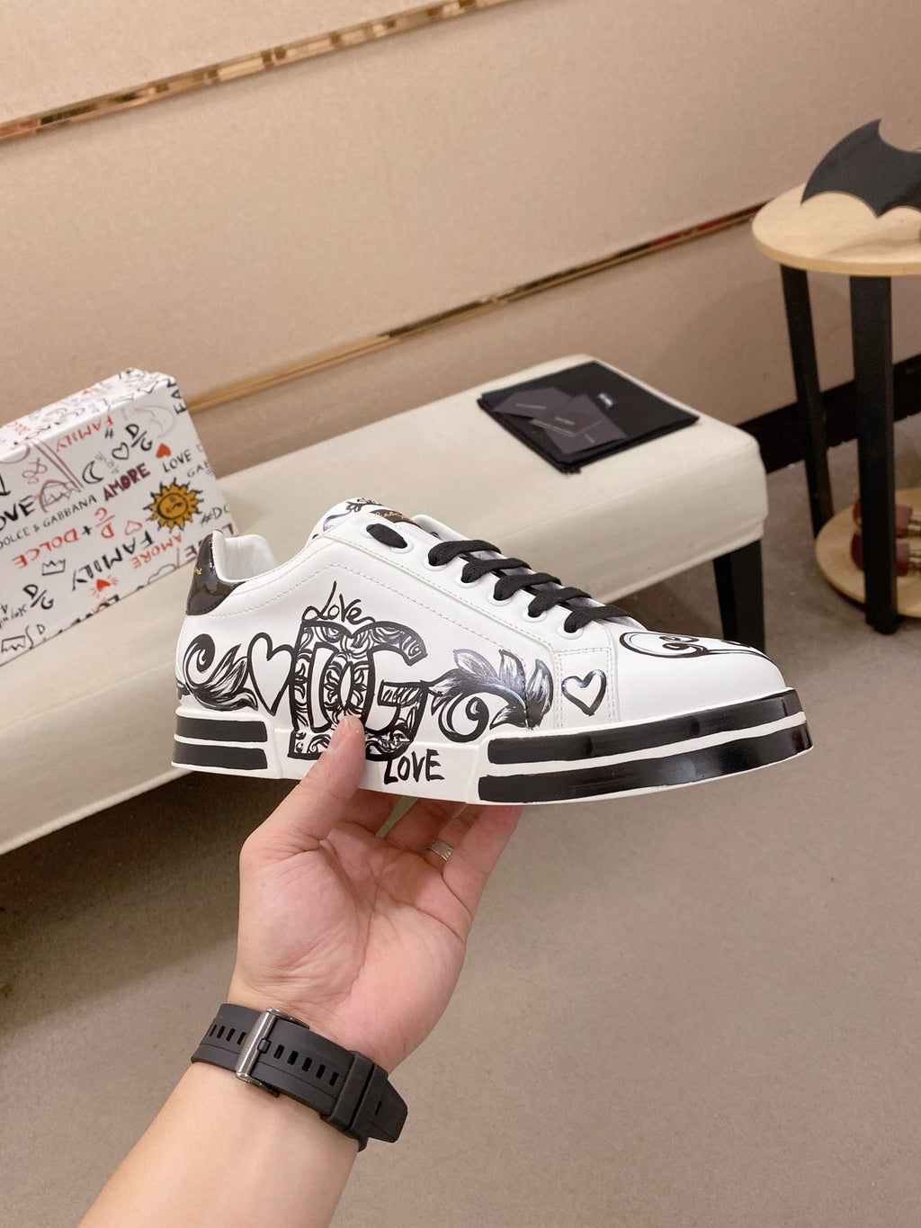 Dolce & Gabbana White Graphic Lace-Up Sneakers — side