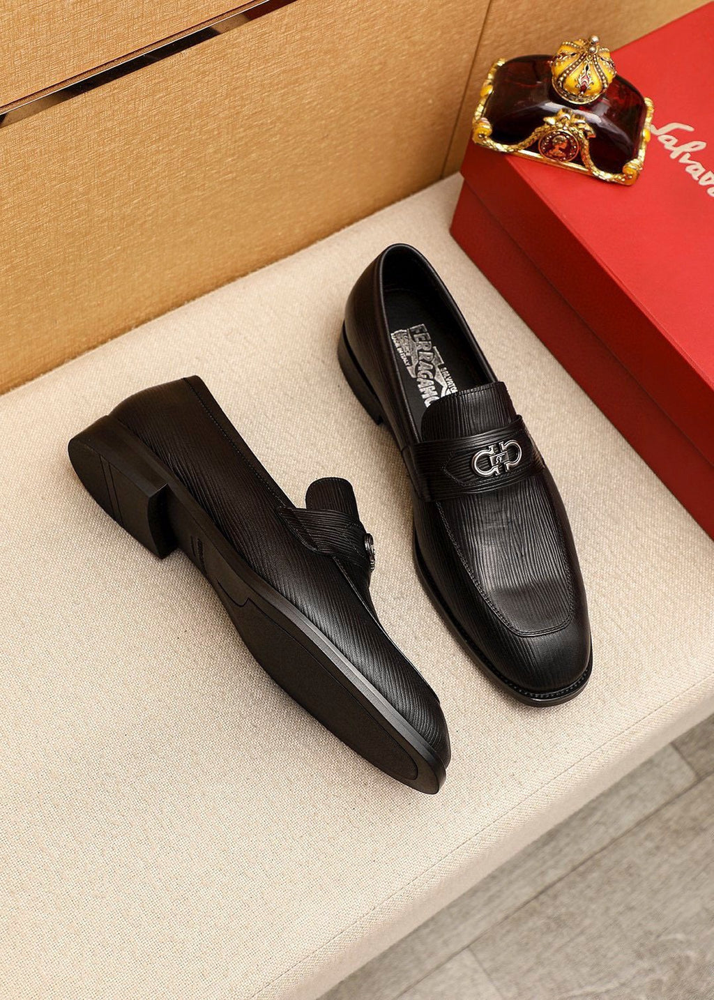 Ferragamo Black Textured Leather Loafers — front