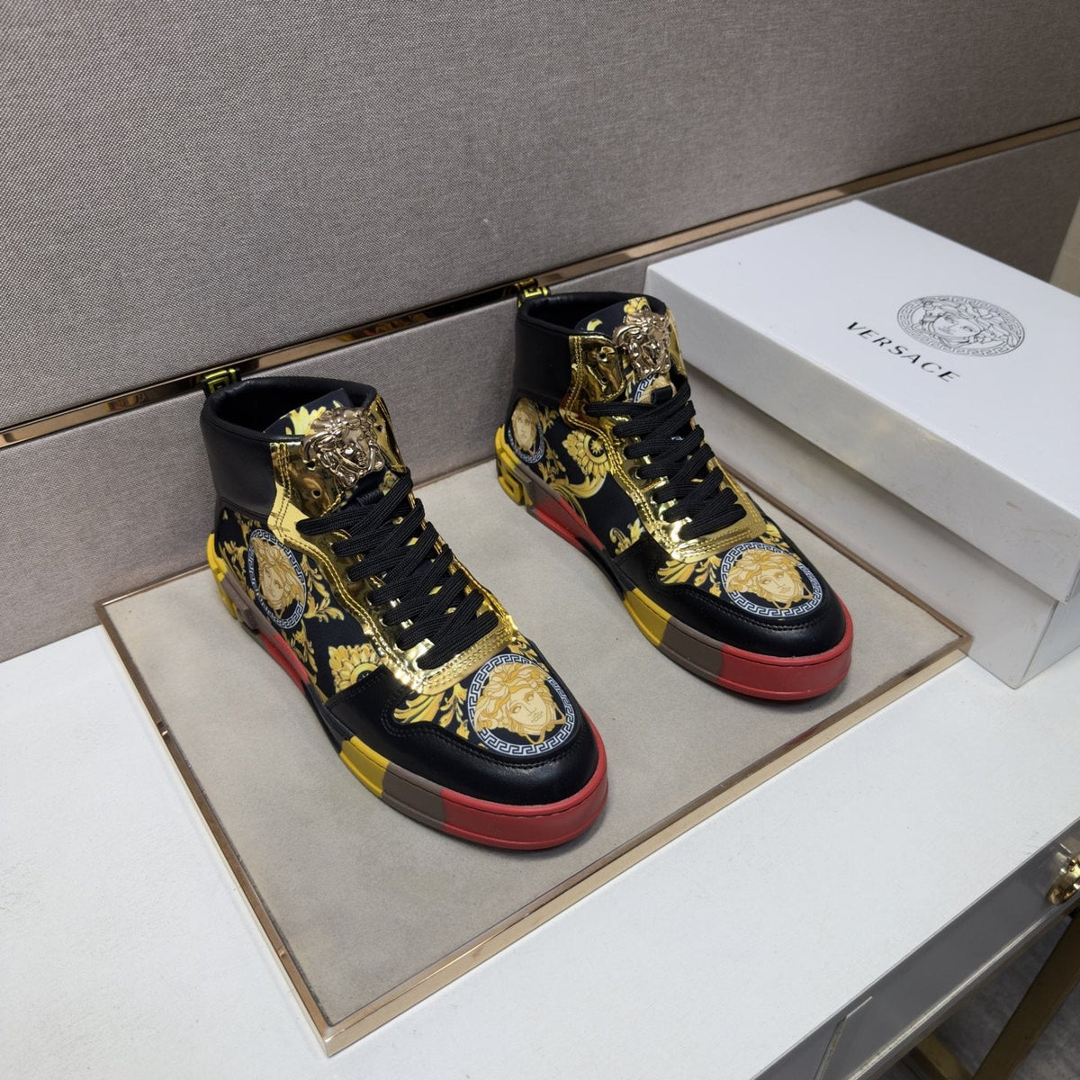 Versace White Gold High-Top Sneakers — front
