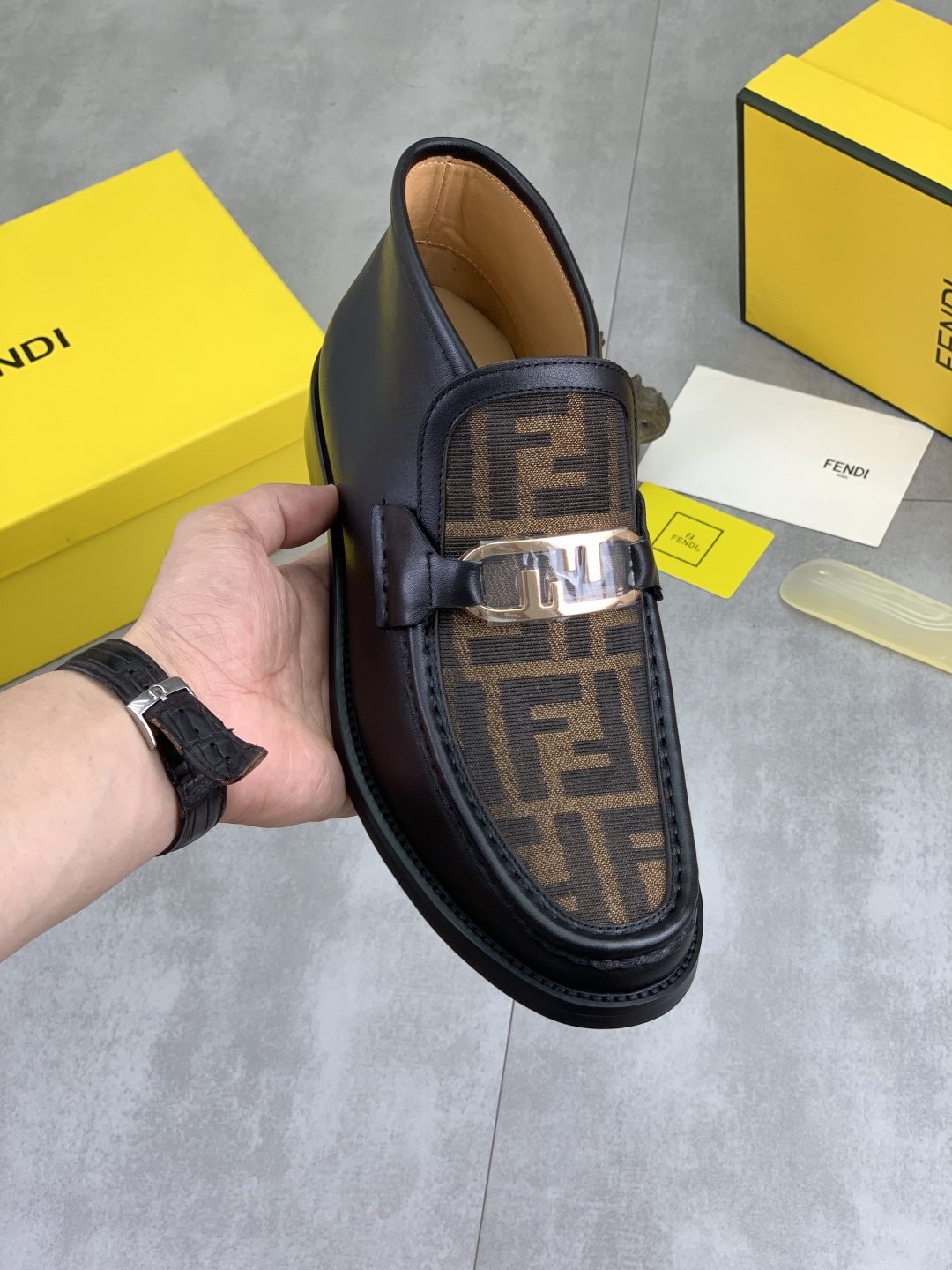 Fendi Black and Brown Monogram Buckle Ankle Boots — front