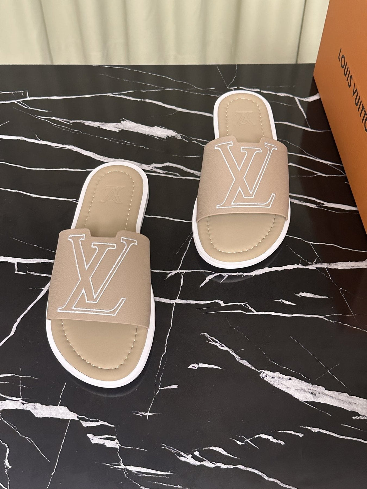 Louis Vuitton Lettered Strap Slide Sandals — front