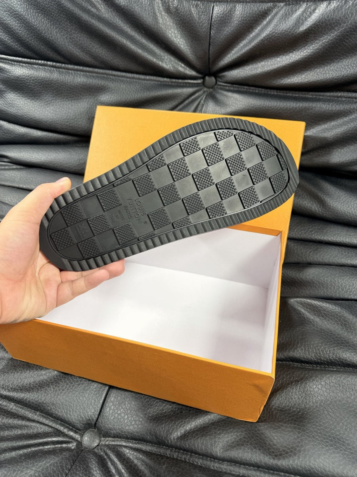 Louis Vuitton Slate Blue Checkered Slide Sandals — front