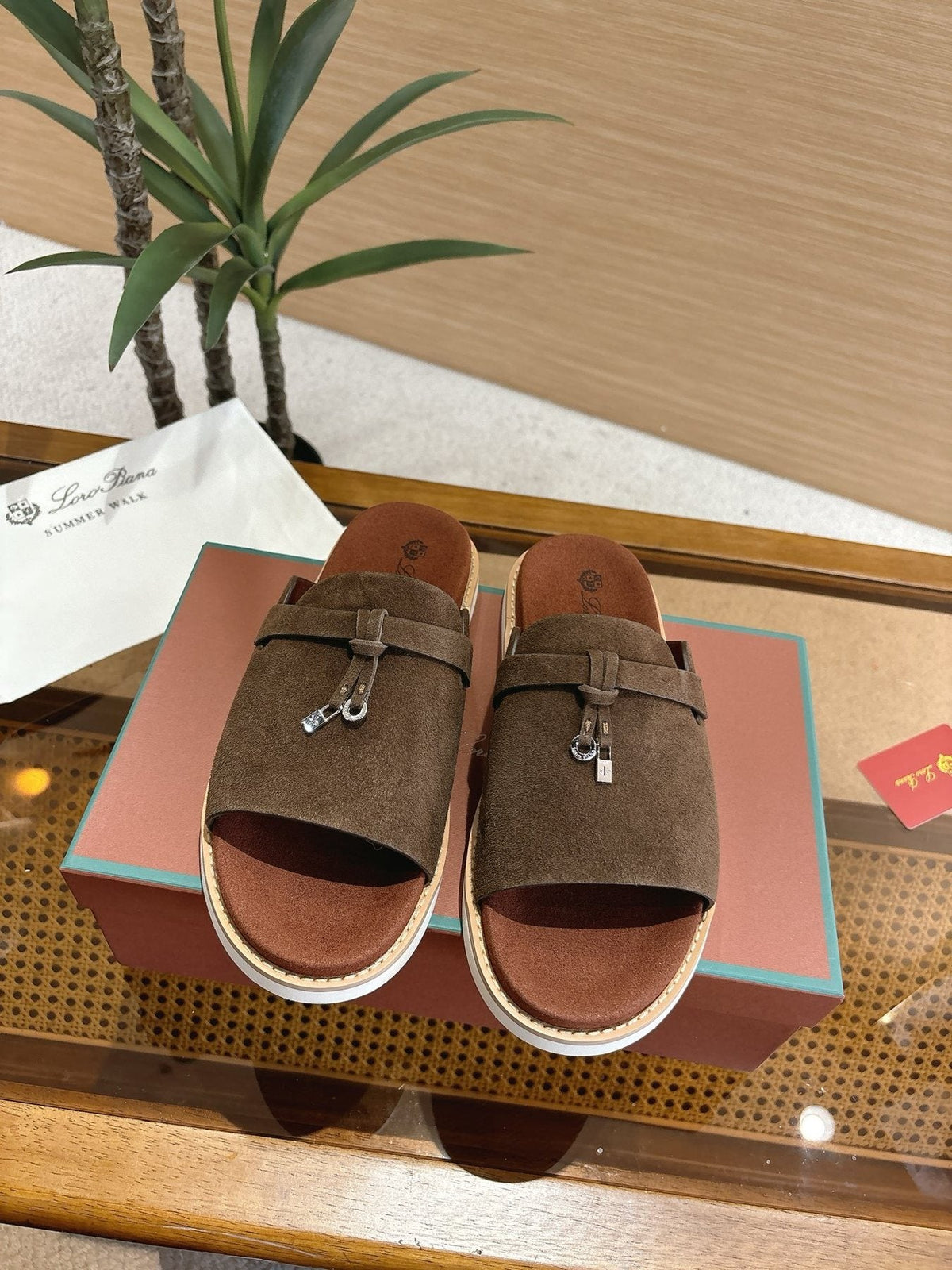 Loro Piana Navy Blue Crisscross Slide Sandals — front