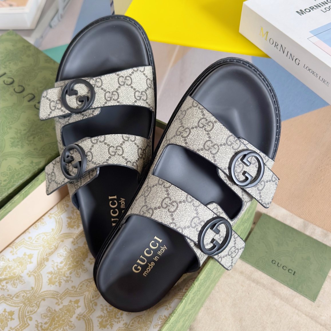 Gucci Beige Monogram Slide Sandals — hero