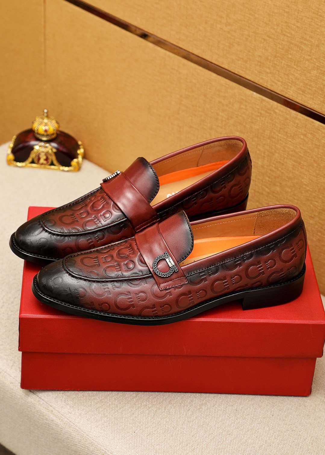 Ferragamo Burgundy Embossed Slip-On Shoes — front