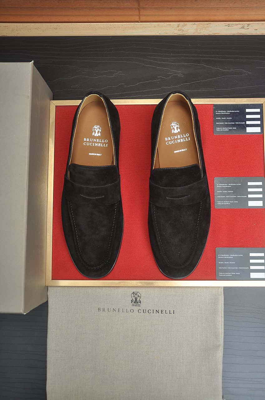Brunello Cucinelli Suede Penny Loafers — front