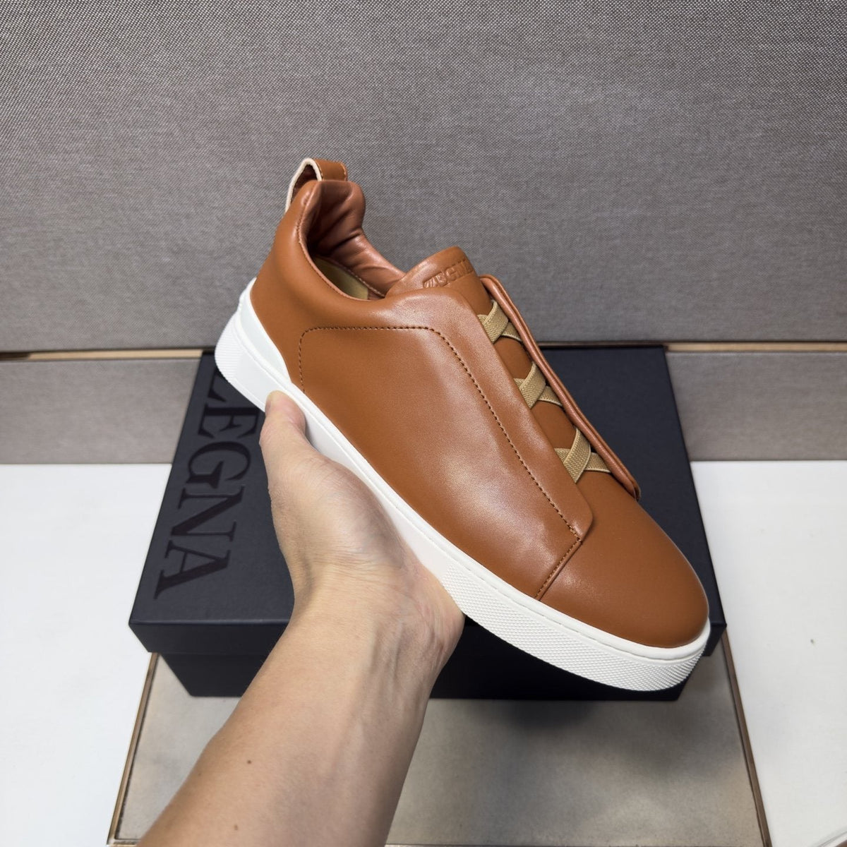 ZEGNA Brown Leather Slip-On Sneakers — model