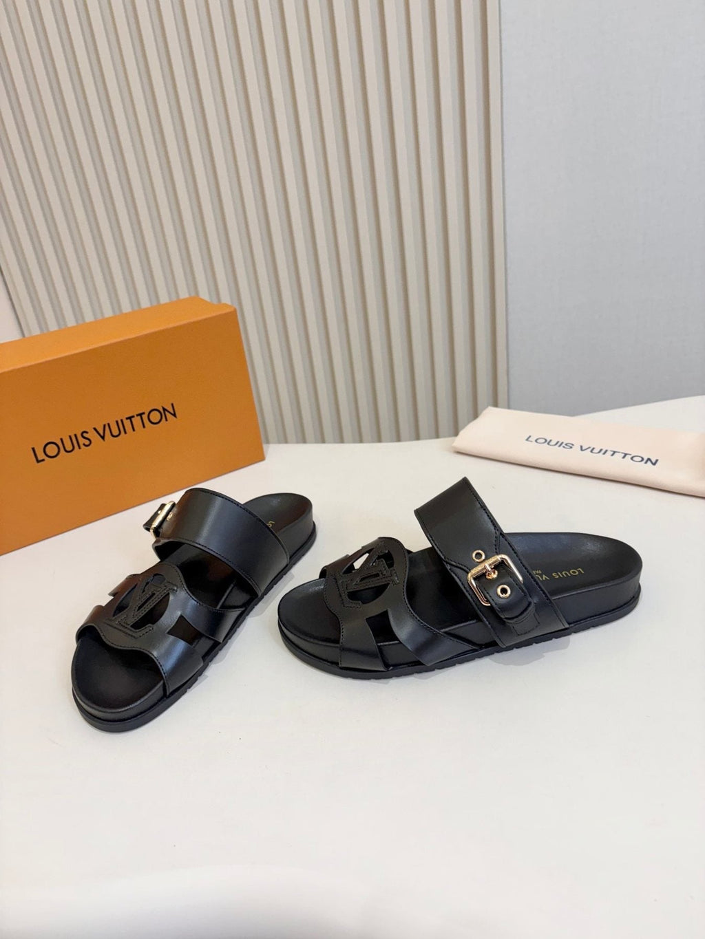 Louis Vuitton Cutout Buckle Slide Sandals — front