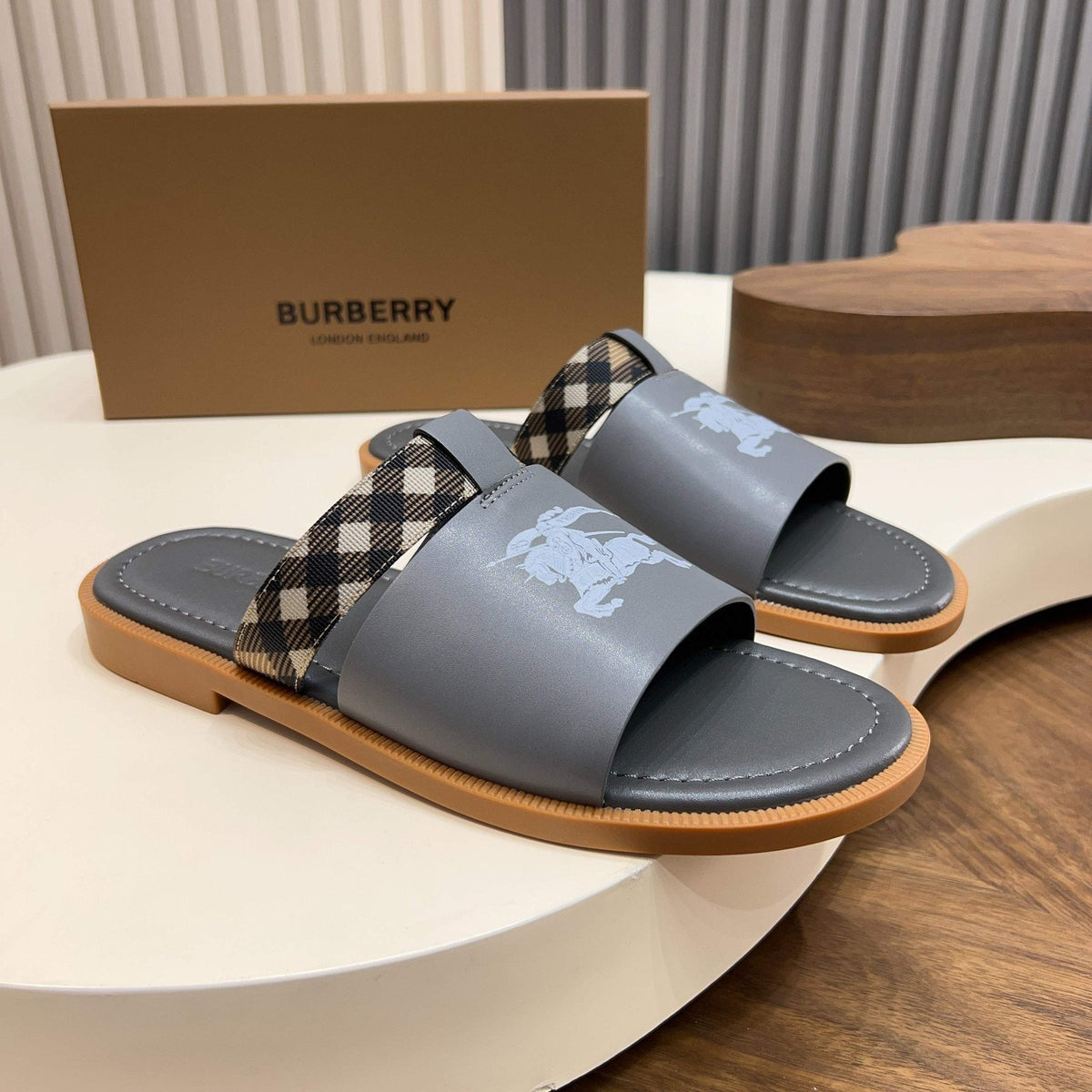 Burberry Checked Accent Slide Sandals — front