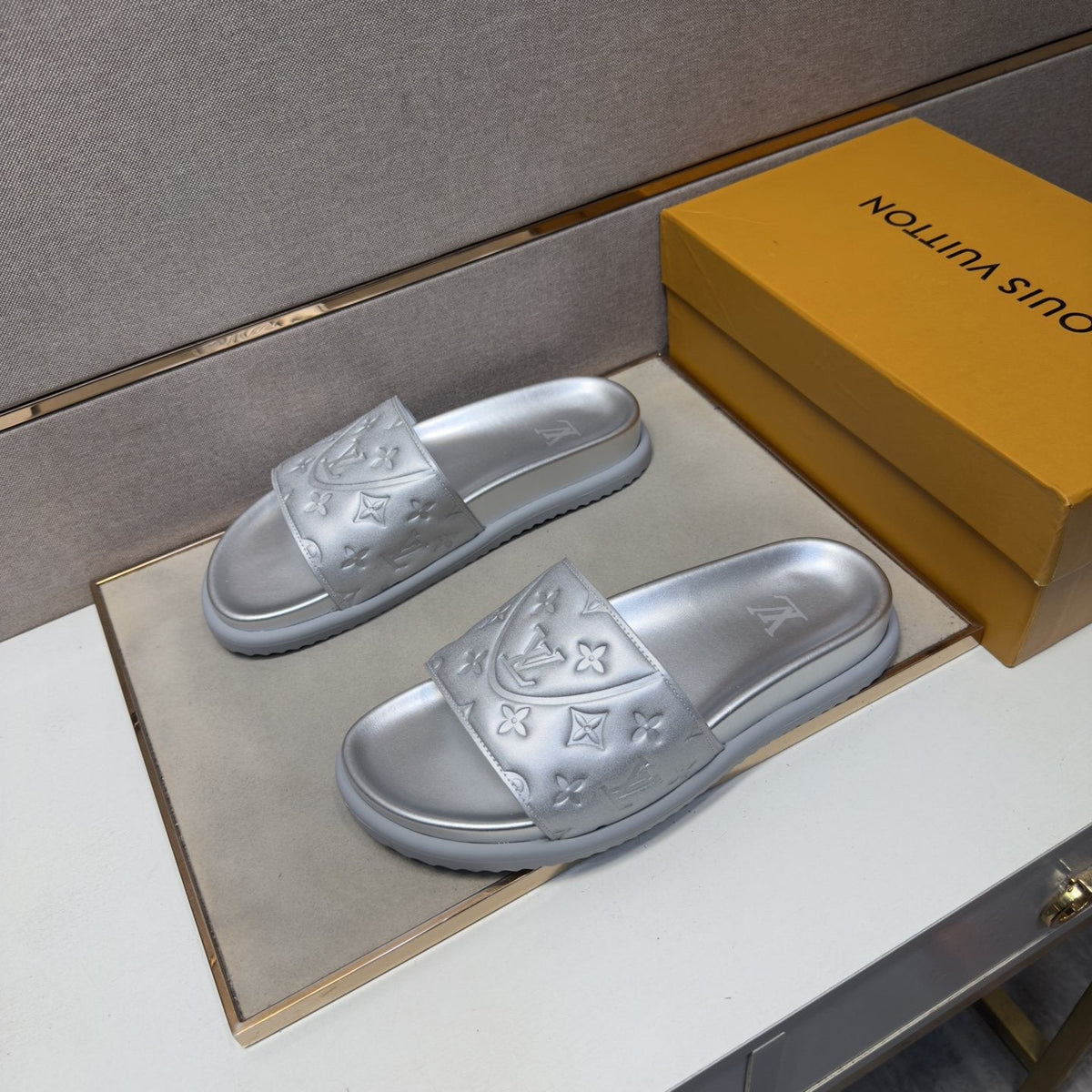 Louis Vuitton Embossed Strap Slide Sandals — front