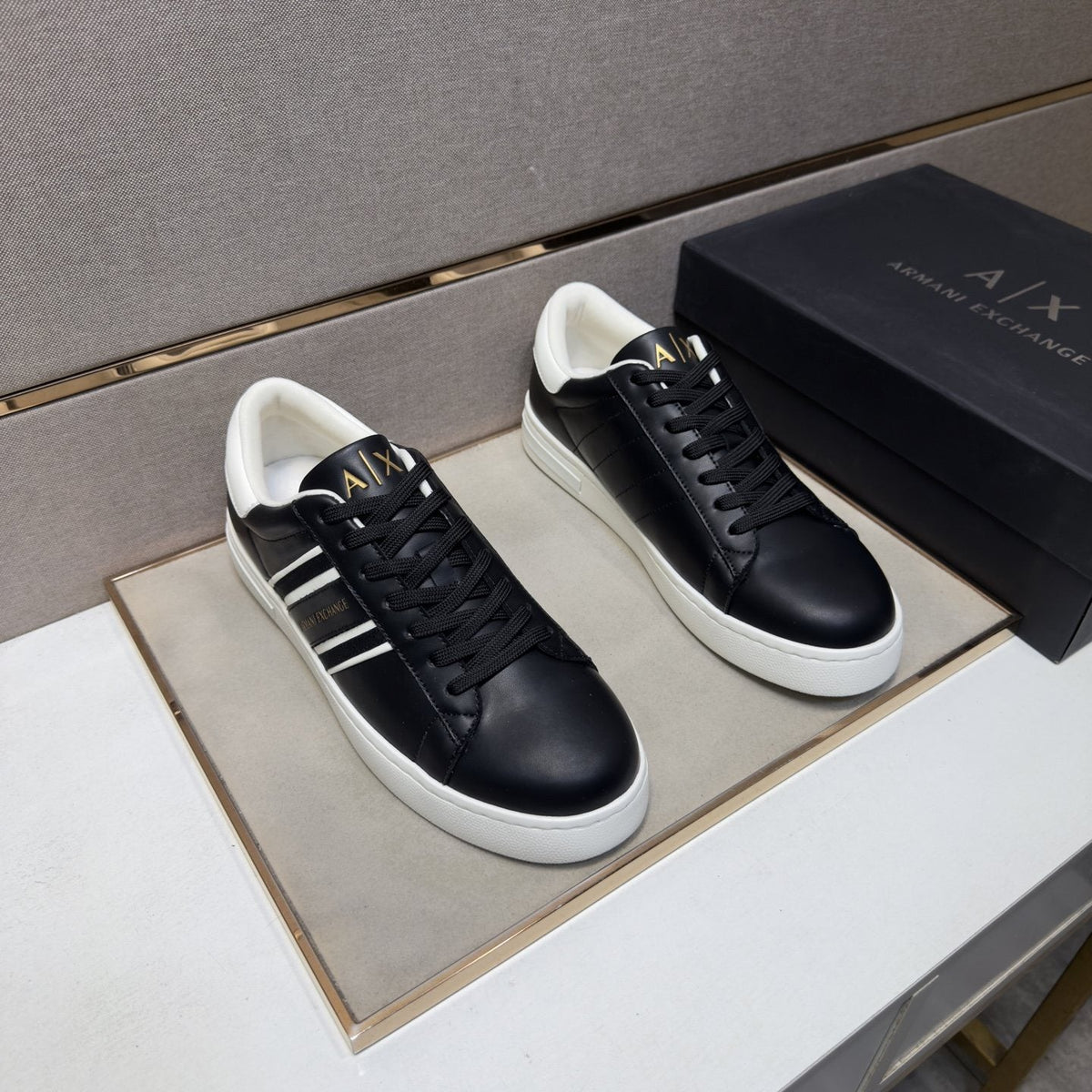 Armani Navy and White Stripe Sneakers — front