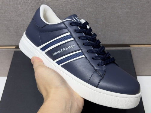 Armani Navy and White Stripe Sneakers — front
